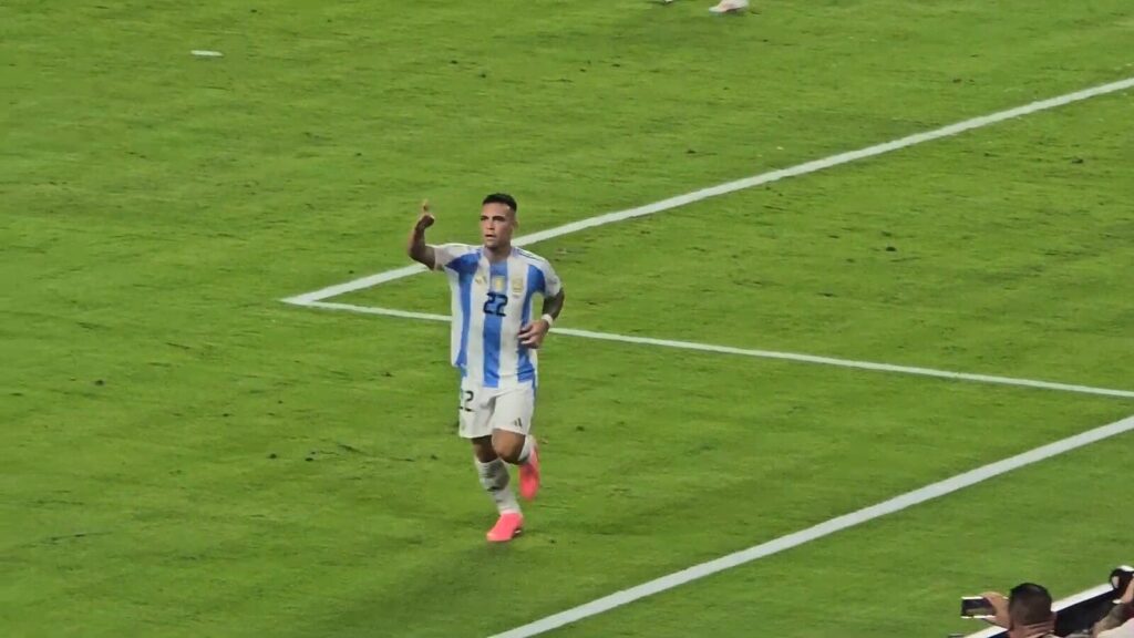Lautaro Martinez celebrates after scoring for Argentina during the Copa America 2024 tournament.