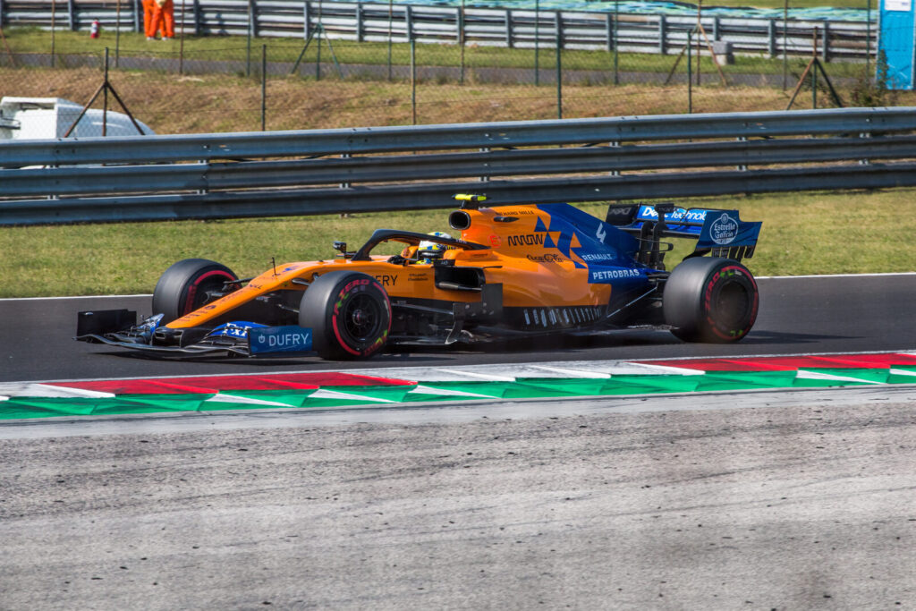 Lando Norris driving his McLaren MCL34 on track during the 2019 Hungarian Grand Prix weekend at the Hungaroring circuit.
