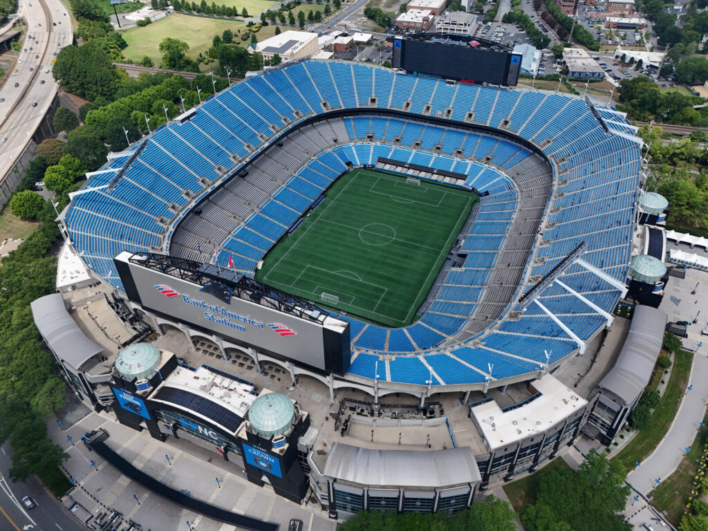 Aerial view of Bank of America Stadium in uptown Charlotte, home of the Carolina Panthers, ahead of its $1.3 billion renovation.