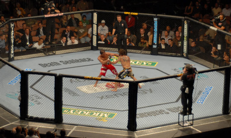 Two mixed martial arts fighters grappling inside the octagon during a UFC bout