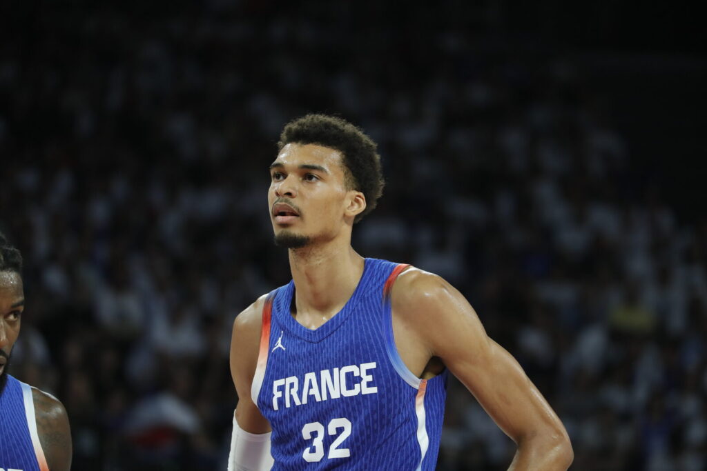 Victor Wembanyama playing basketball for the French national team in July 2024.