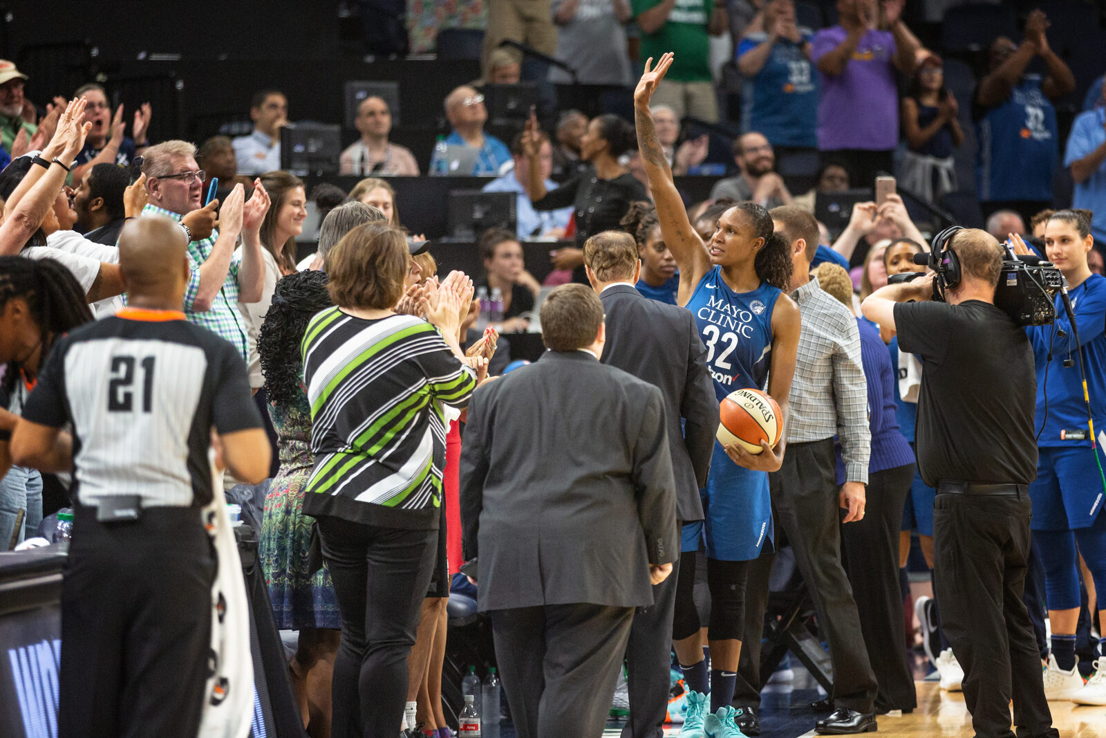 Minnesota Lynx forward Rebekkah Brunson waves to the crowd at Target Center during a 2018 regular-season game.