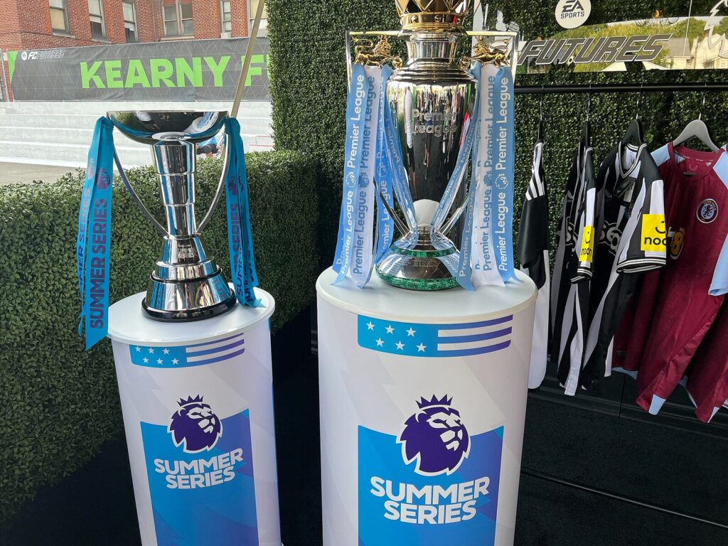 Premier League trophy on display alongside the Premier League Summer Series trophy