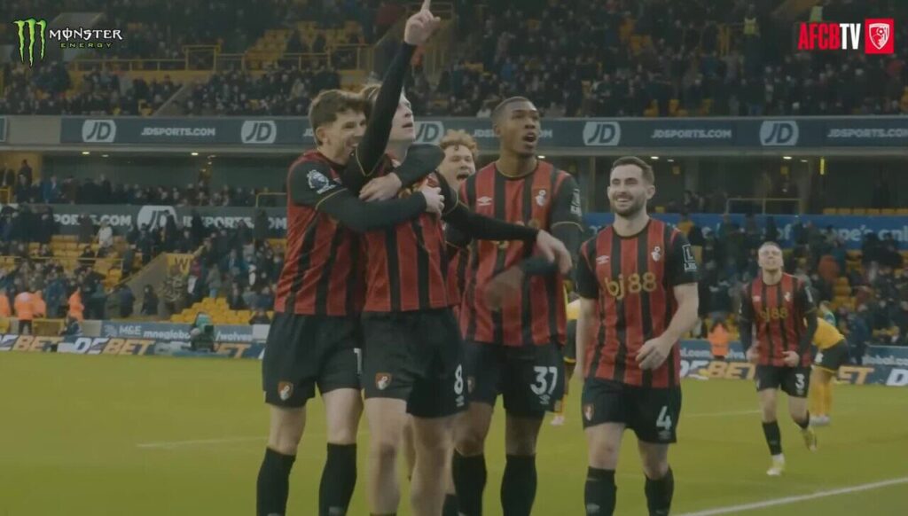 Bournemouth players celebrate during a 2025-26 Premier League match against Wolves (File photo: Bournemouth players celebrate during a 2025-26 Premier League match against Wolves.)