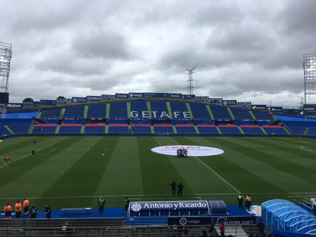 Wide shot of the Coliseum Alfonso Pérez stadium in Getafe before a La Liga match, stands and pitch visible
